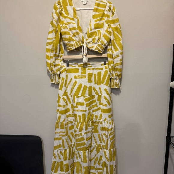 house of harlow 1960 Long Sleeve Linen Crop Top With Tiered Maxi Skirt Set Sz S - Picture 6 of 16